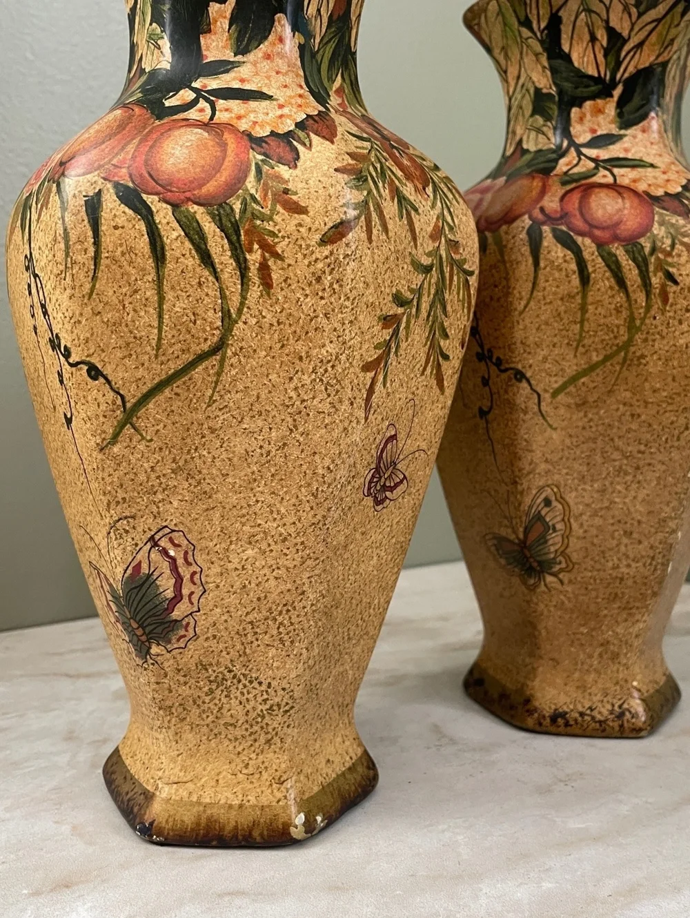 Vintage Nantucket Ceramic Vase Pair | Hand Painted Floral Butterfly